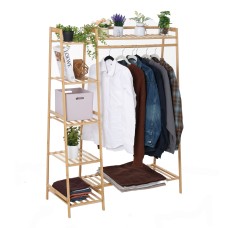 Bamboo Rack Clothes with Storage Shelf Hanging Rail
